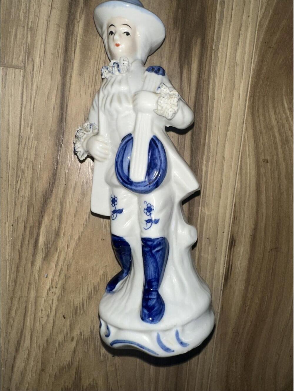 Victorian Man With Mandolin White & Blue Porcelain Figurine